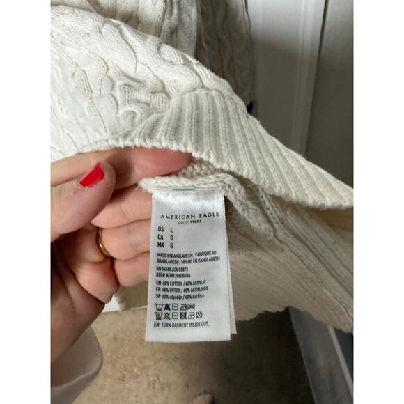 American Eagle White Cable Knit Tennis Preppy Striped Oversized Sweater Large - Picture 5 of 8